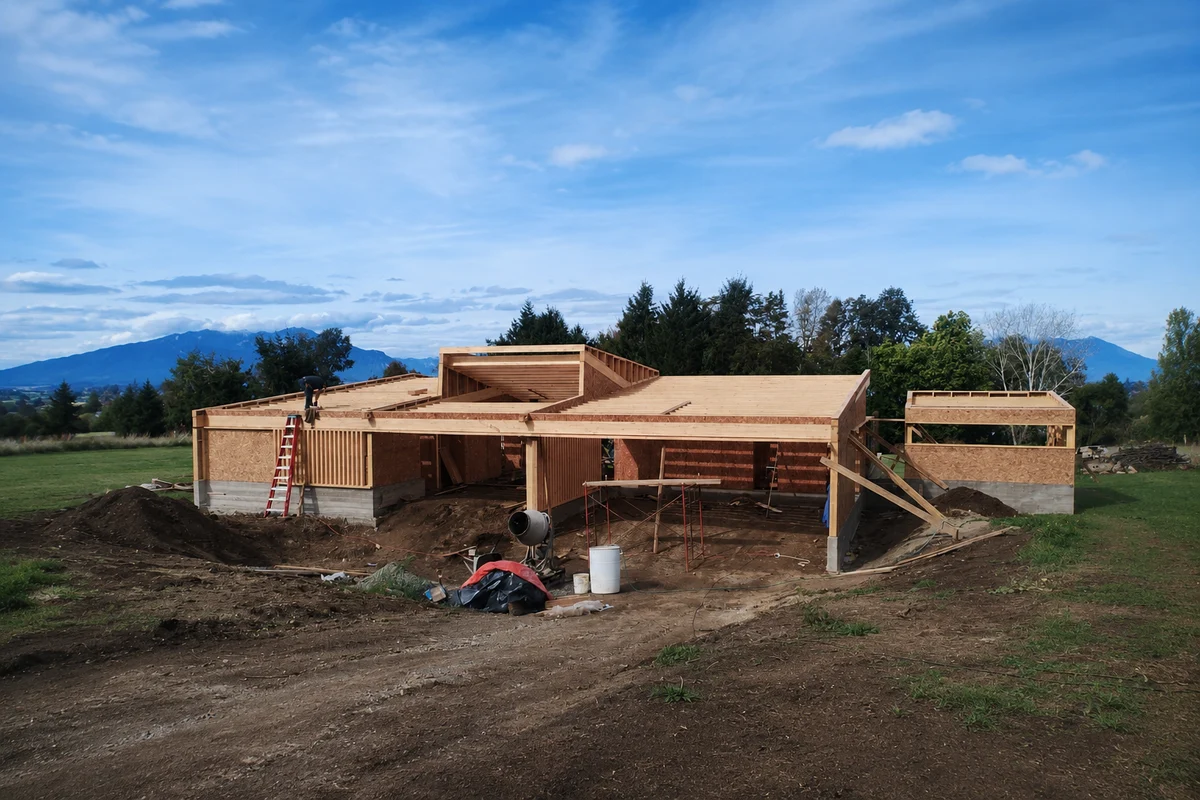Estructura de madera prefabricada en montaje de obra — SUN Arquitectos