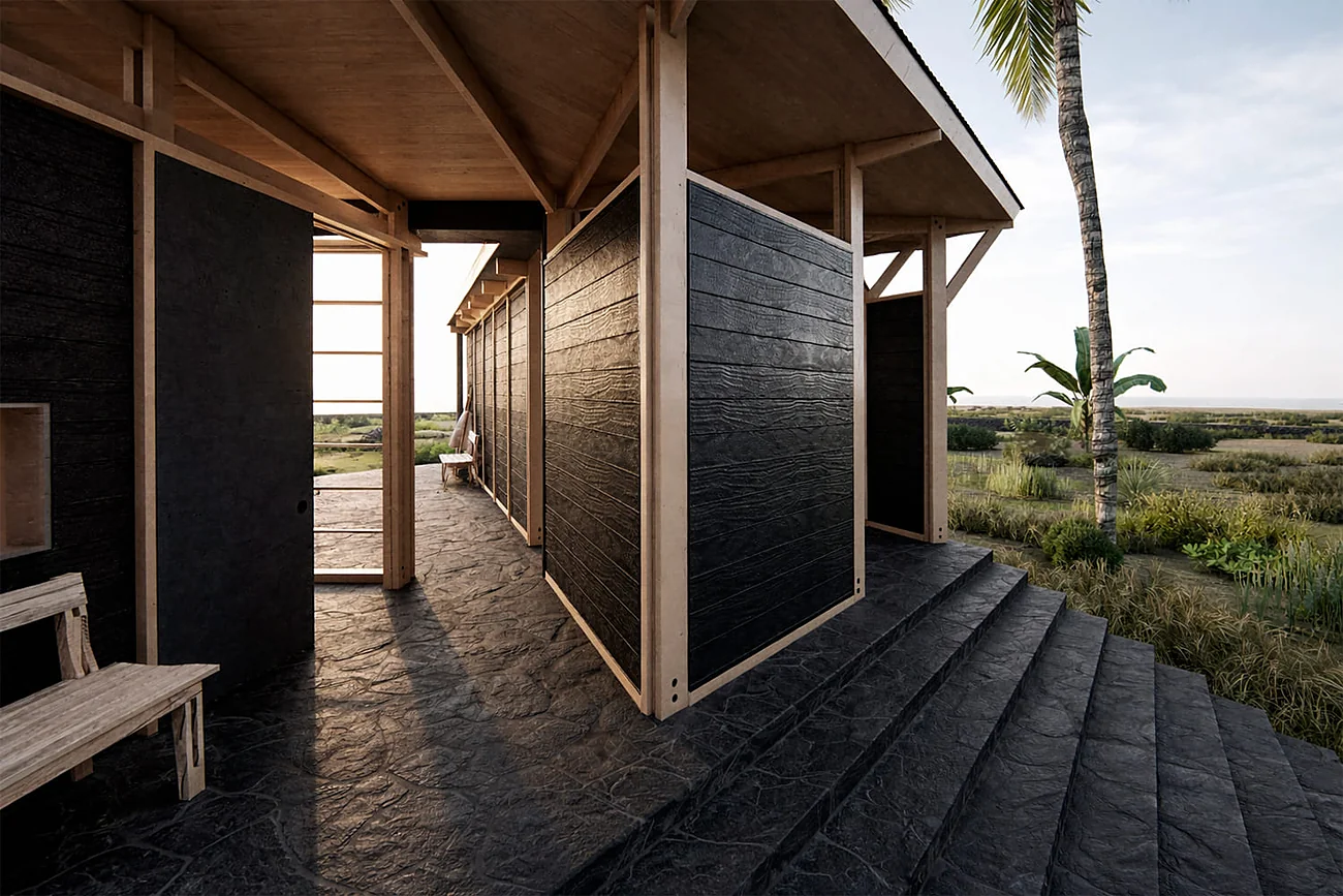 Aku Hare — acceso exterior con revestimiento de madera negra