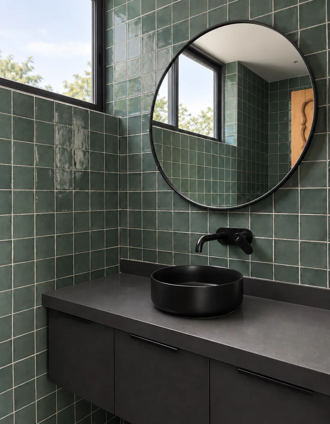 Casa Buenaventura — baño con azulejo verde y lavamanos