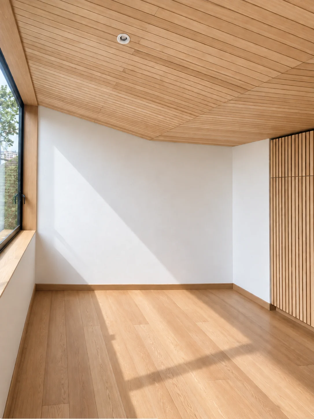 Casa Buenaventura — dormitorio con cielo de madera y ventana en esquina