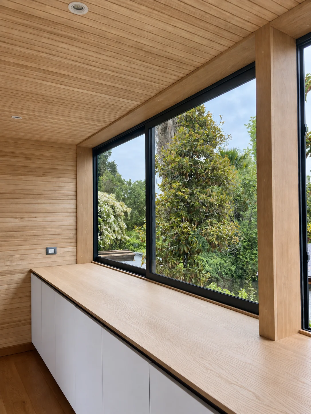Casa Buenaventura — ventanal con mueble bajo y revestimiento de madera