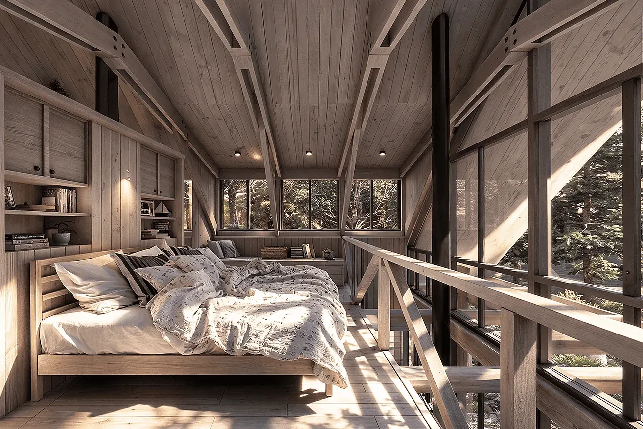 Cabina Lago Azul — dormitorio abierto al bosque