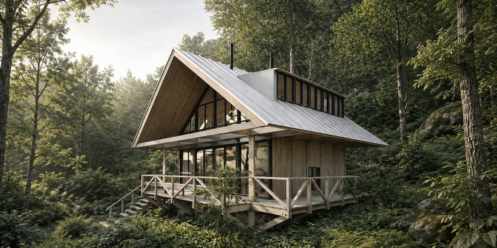 Cabina Lago Azul — render del exterior de la cabina entre el bosque de Cochamó