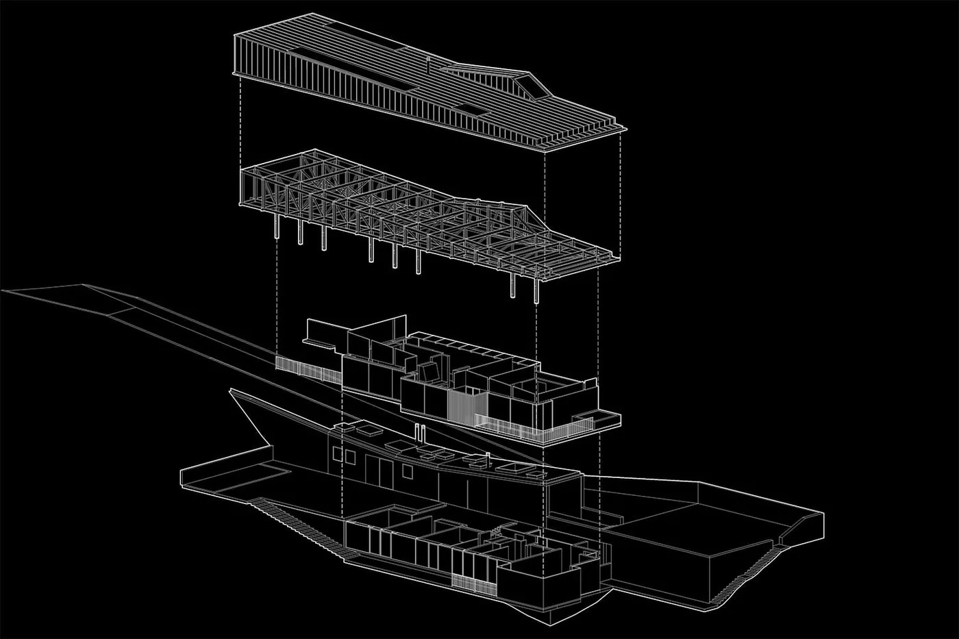 Casa 59 — axonométrica explotada: cubierta, estructura de madera y base