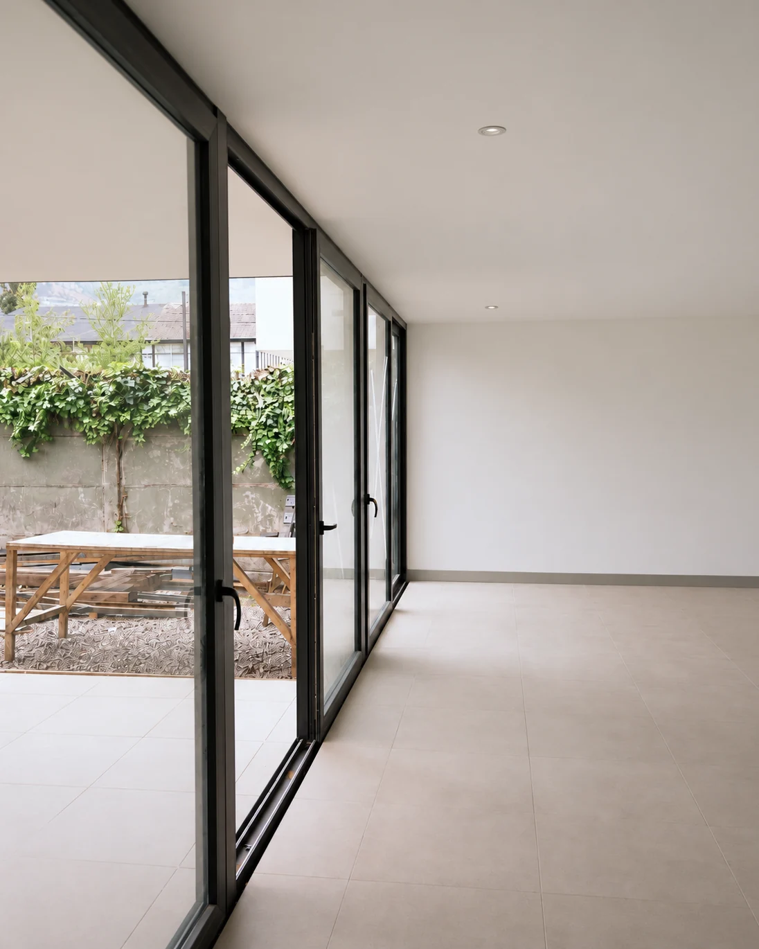 Casa Apolo — living con ventanal corredizo abierto hacia la terraza y el jardín