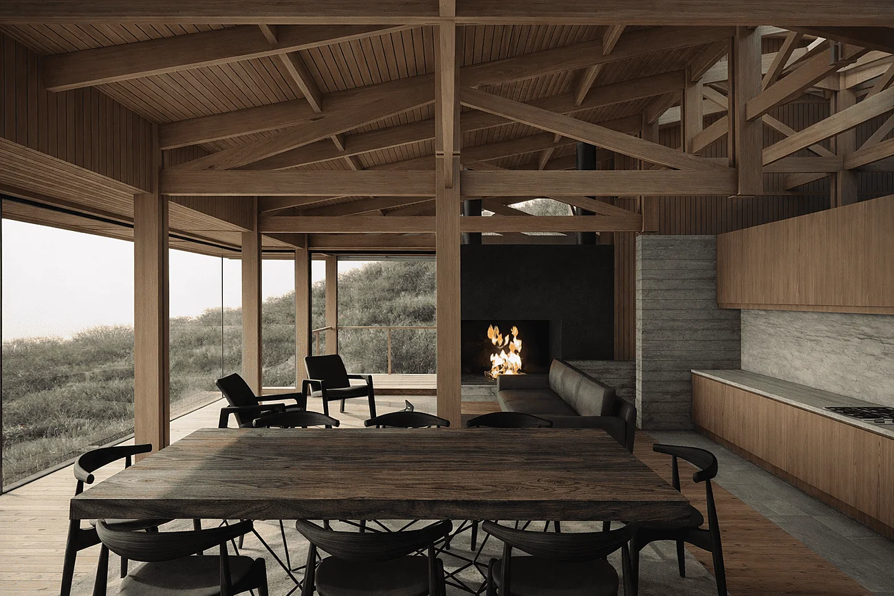 Casa CK — comedor junto a la chimenea