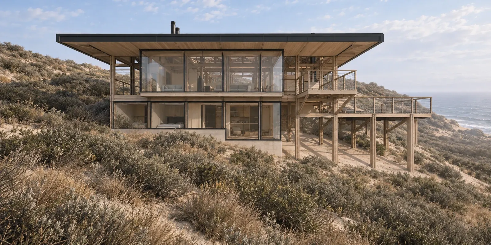Casa CK, Punta Pite — render de la vivienda sobre la duna con vista al mar