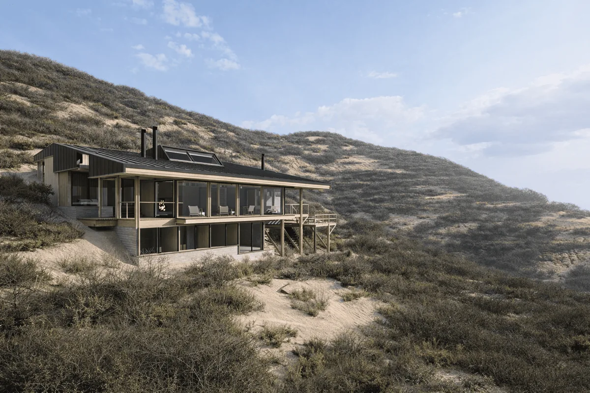 Casa CK, Punta Pite — render de la casa en la ladera