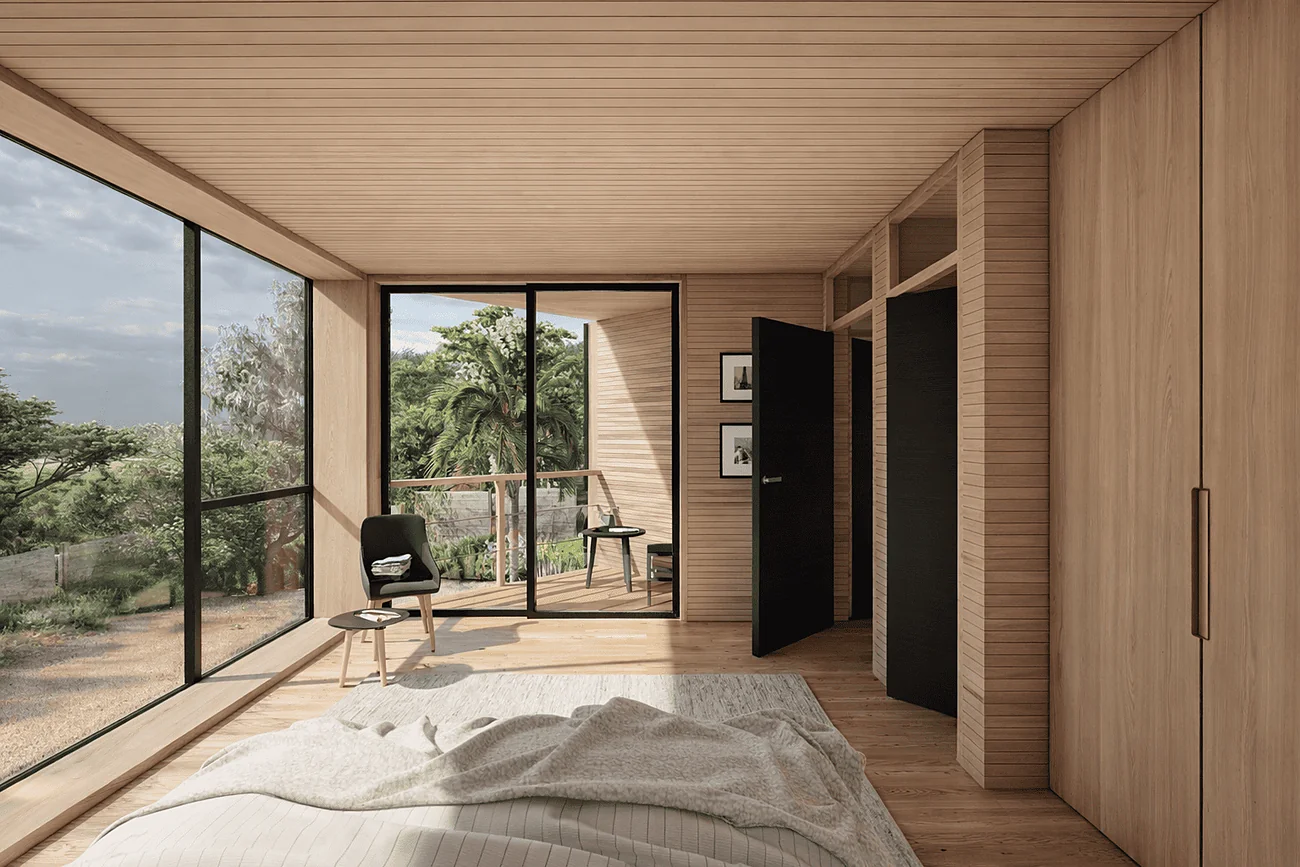 Casa Dos Hermanos — dormitorio revestido en madera