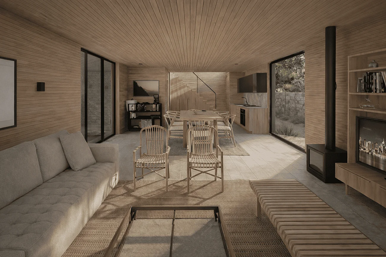 Casa Dos Hermanos — living-comedor abierto al jardín