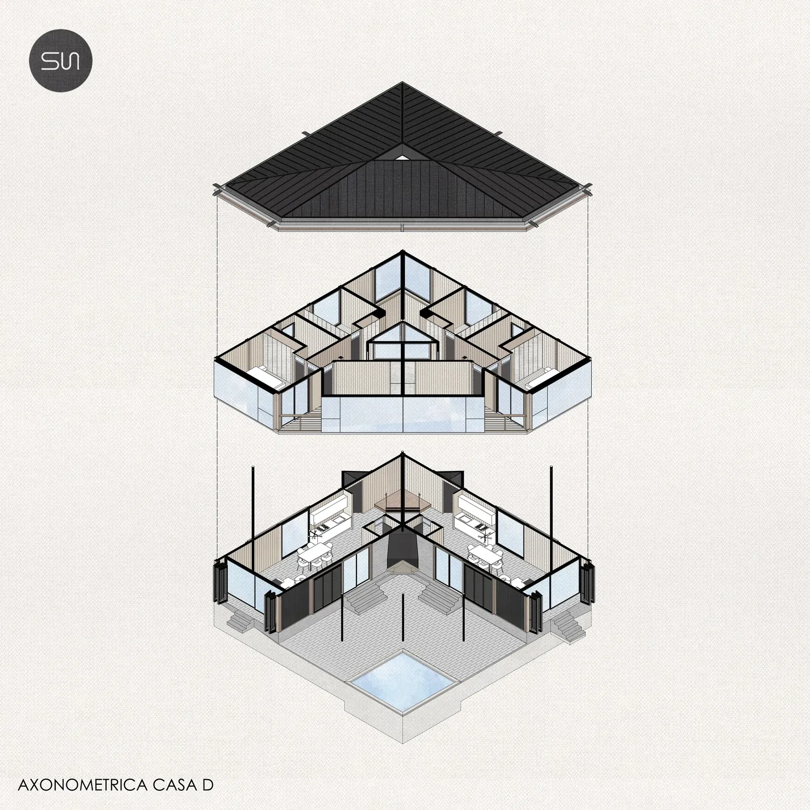 Casa Dos Hermanos — axonométrica explotada a color