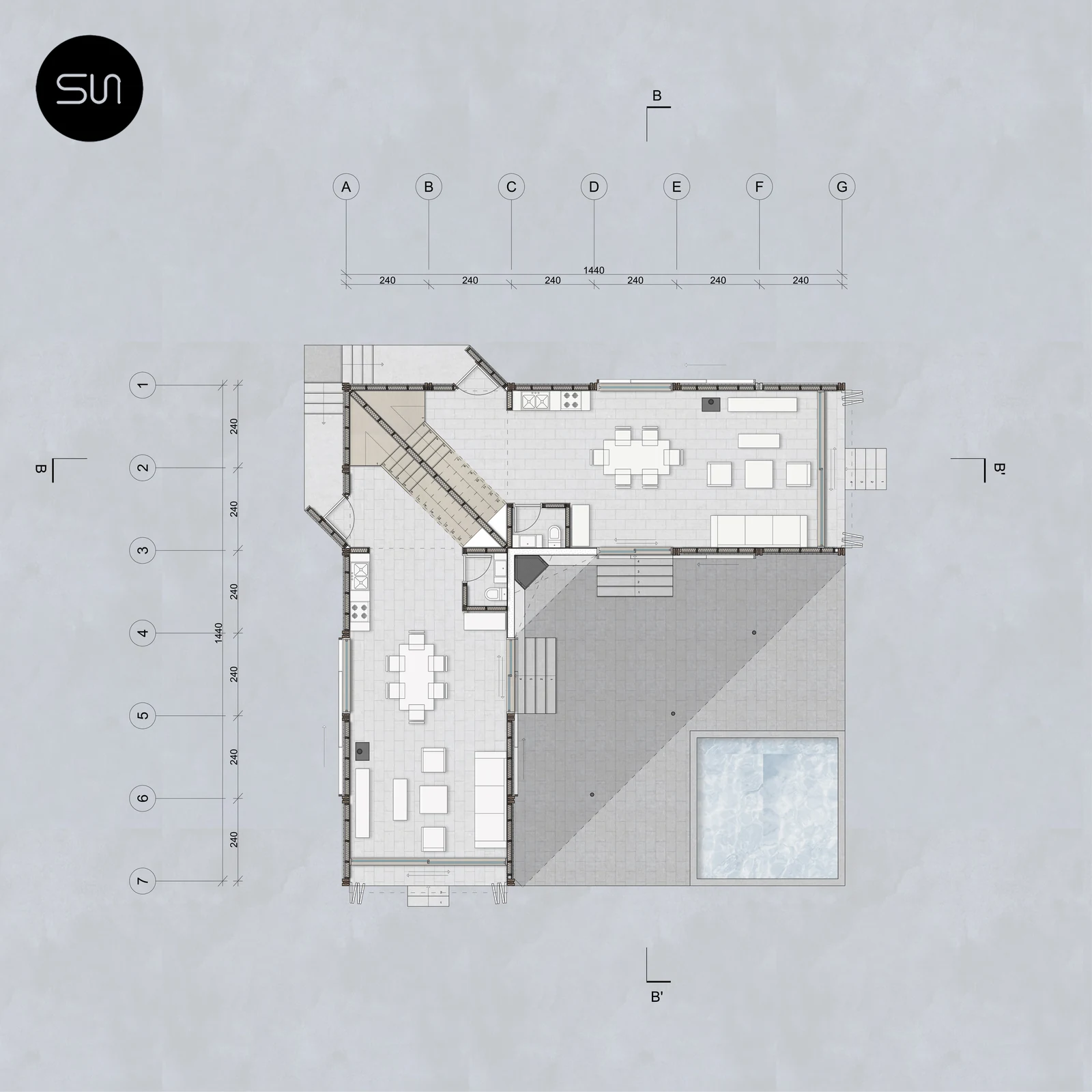 Casa Dos Hermanos — planta primer nivel a color, living-comedor y piscina