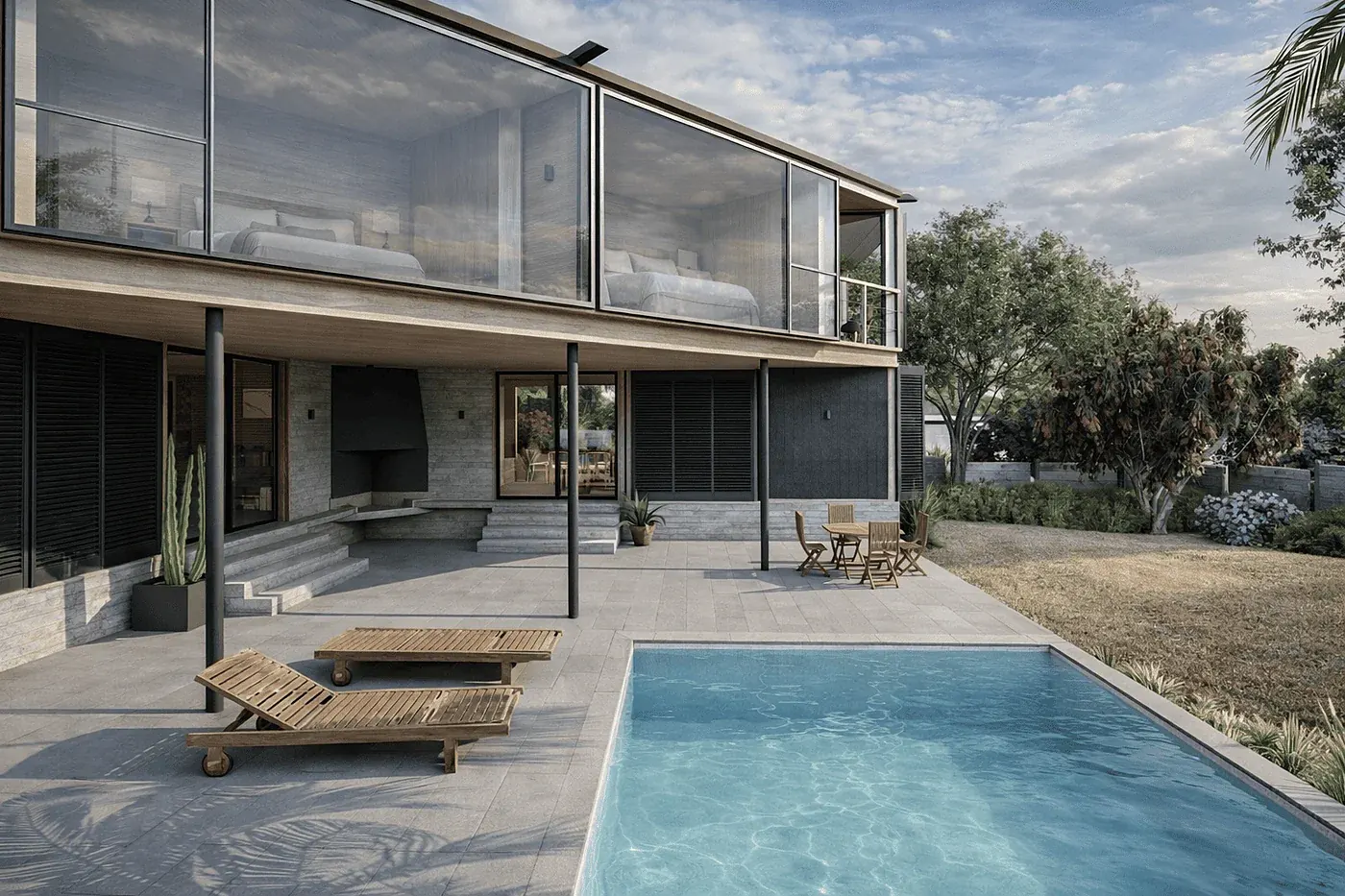 Casa Dos Hermanos — render de la fachada y la piscina compartida