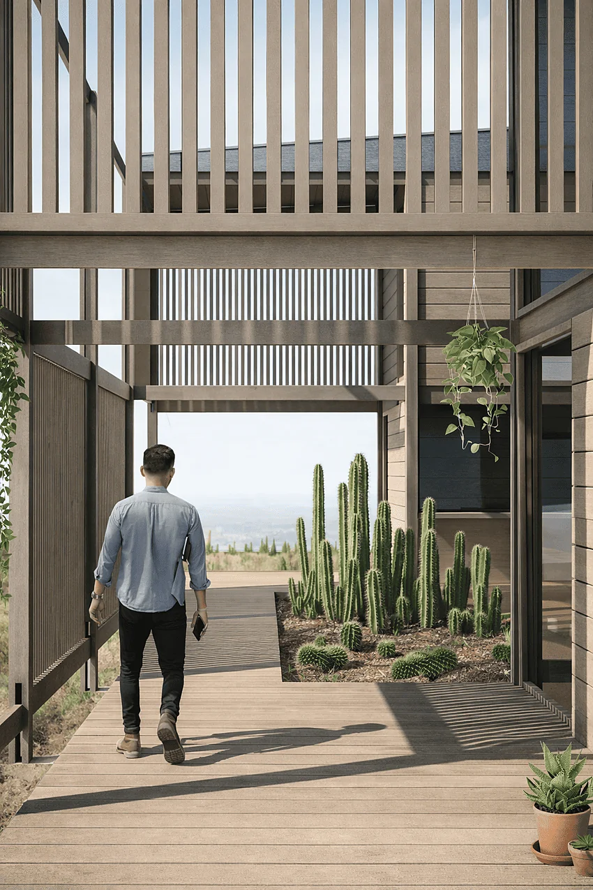 Casa Huentelauquén — patio interior con celosías de madera