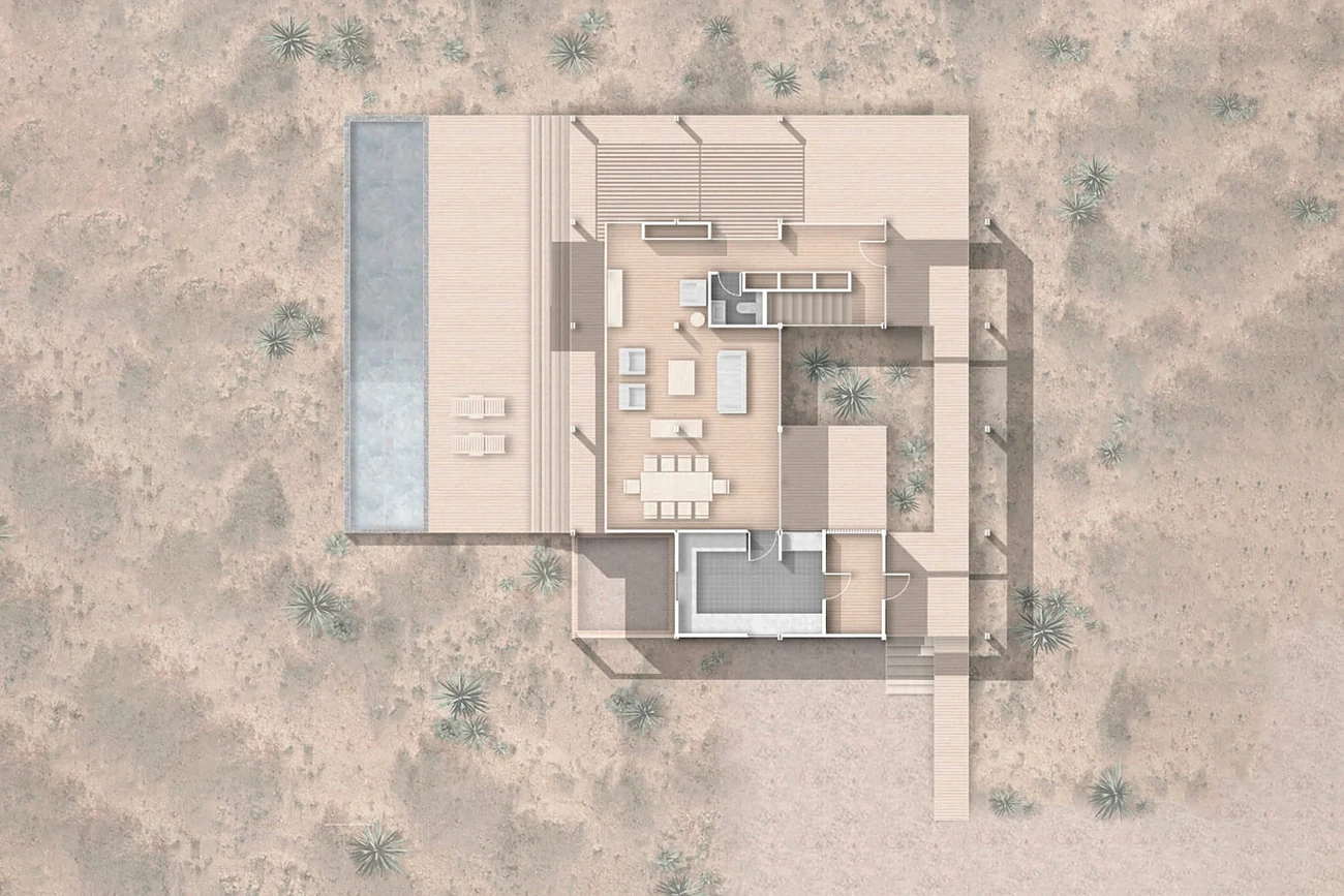 Casa Huentelauquén — planta del primer nivel, con la piscina y las terrazas