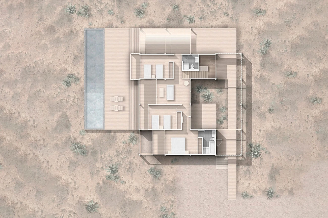 Casa Huentelauquén — planta del segundo nivel, con los dormitorios