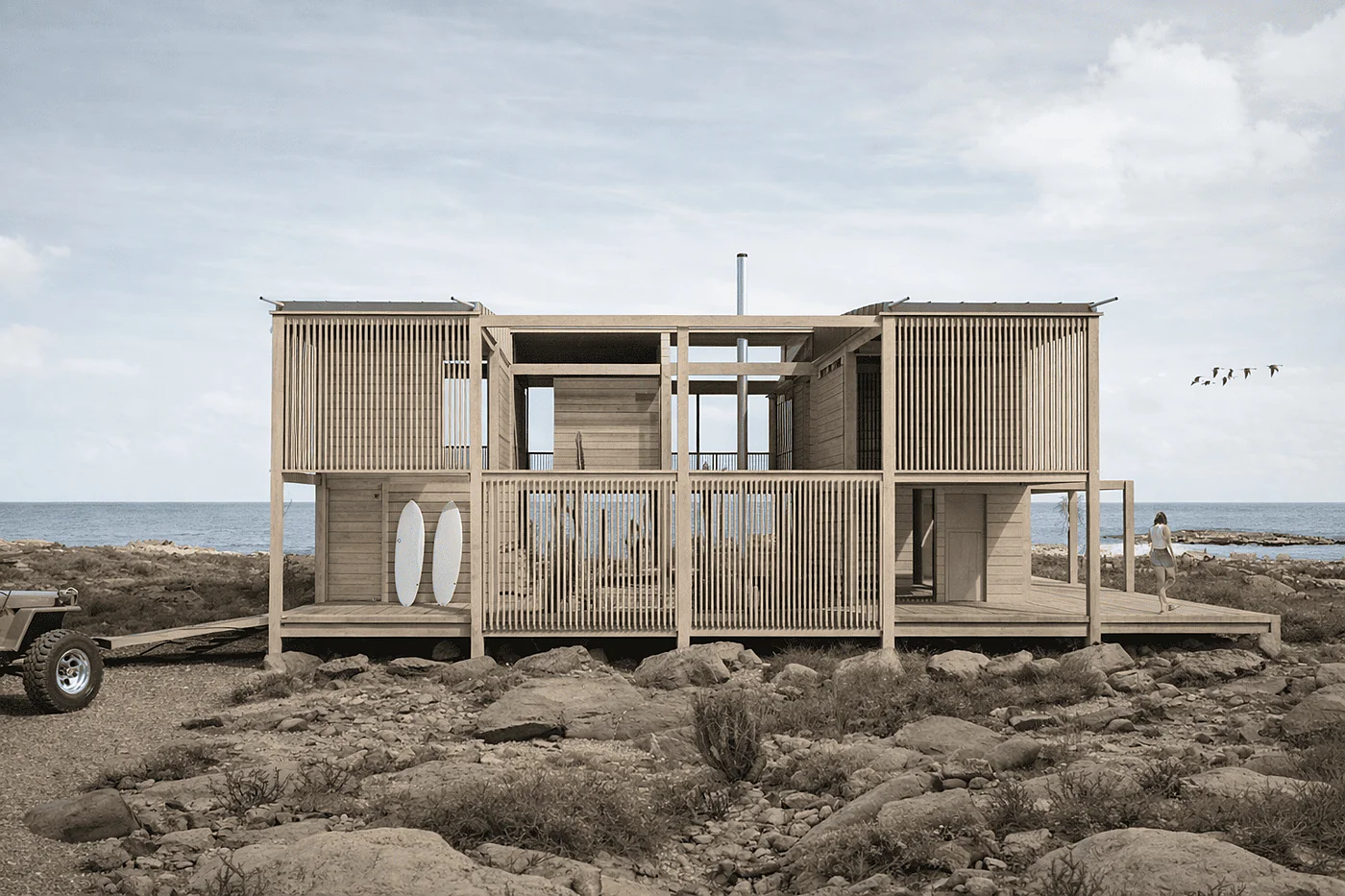 Casa Huentelauquén — render de la fachada principal con vista al mar