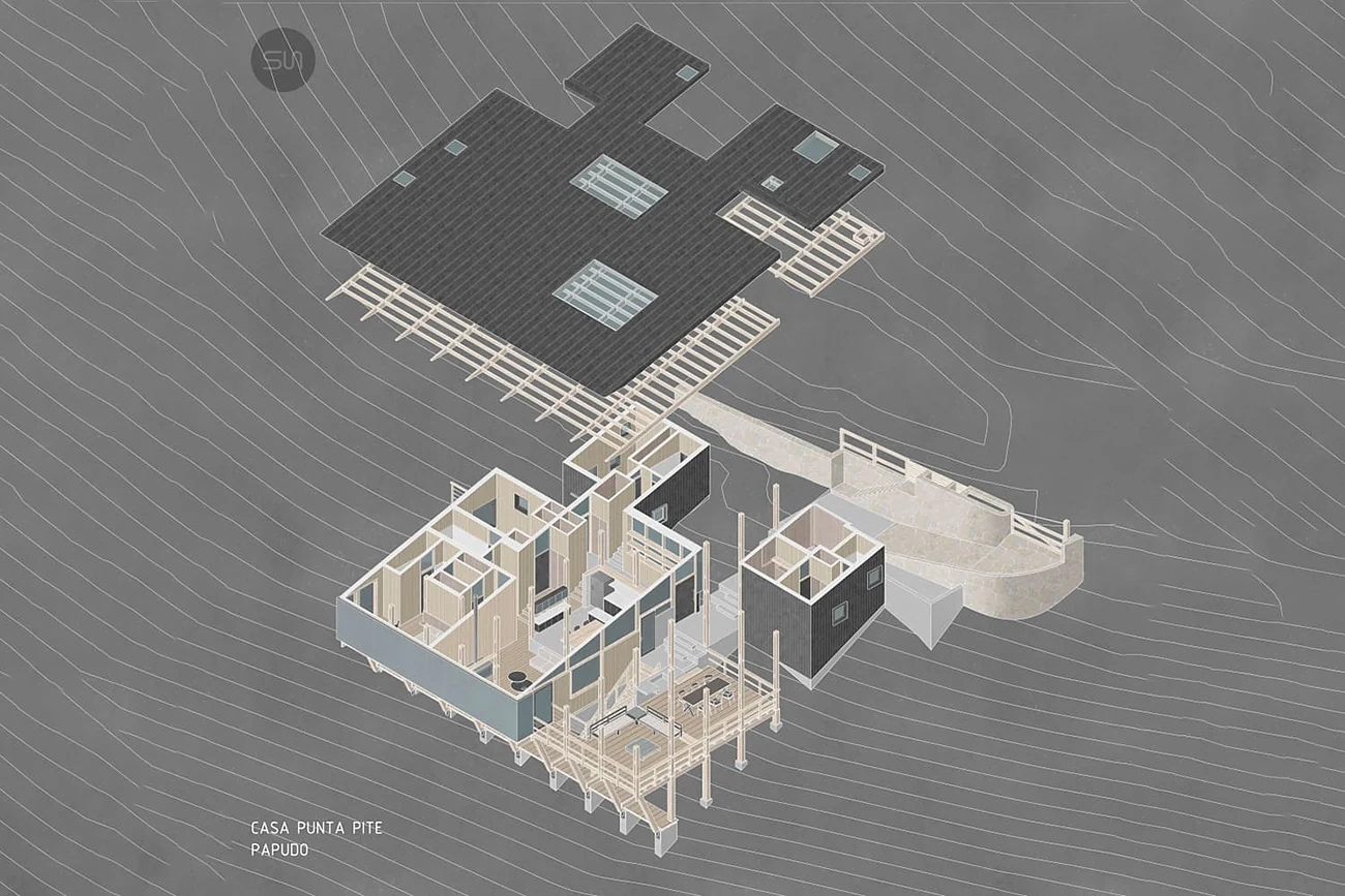 Casa KB — axonométrica de la vivienda y su estructura mixta