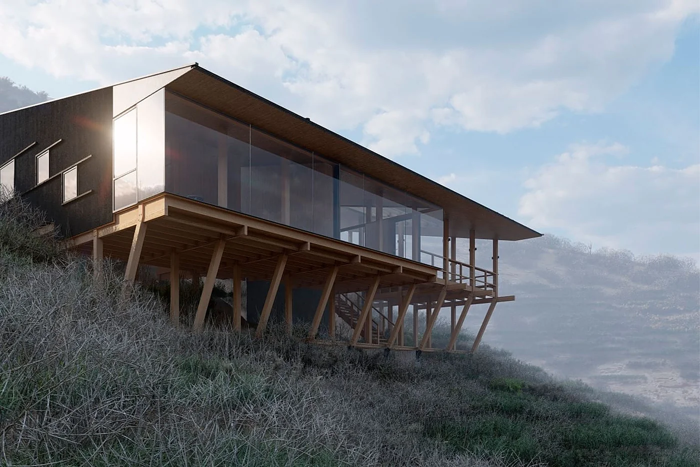 Casa KB, Punta Pite — render de la vivienda sobre pilotes de madera en el acantilado, frente al océano
