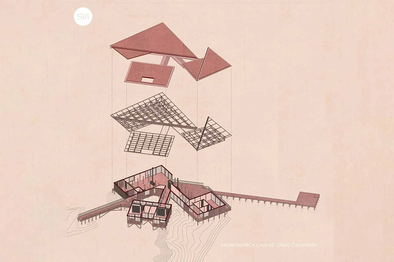 Casa KZ — axonométrica explotada de la estructura, cubiertas y plataforma sobre el lago