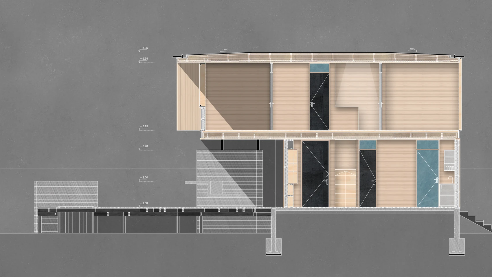 Casa Laguna — corte transversal renderizado a color, dos niveles sobre pilotes