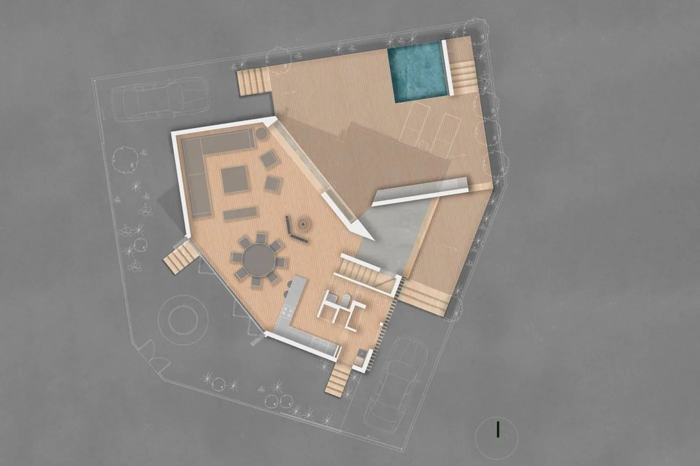Casa Laguna — planta renderizada del primer nivel con terraza y piscina