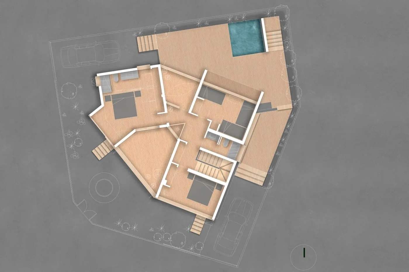 Casa Laguna — planta renderizada del segundo nivel, dormitorios