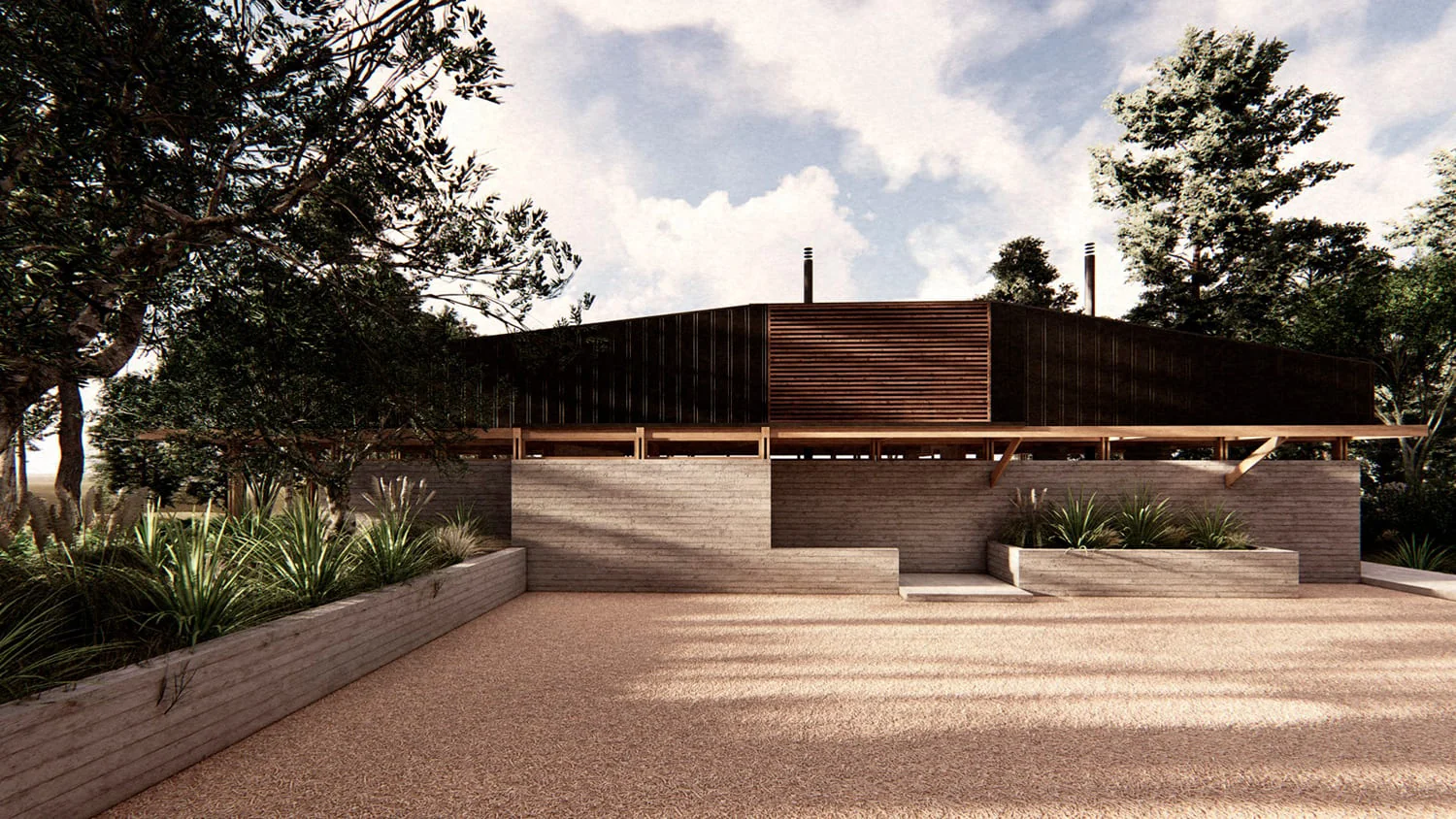 Casa Llifén — fachada de acceso principal bajo la cubierta metálica