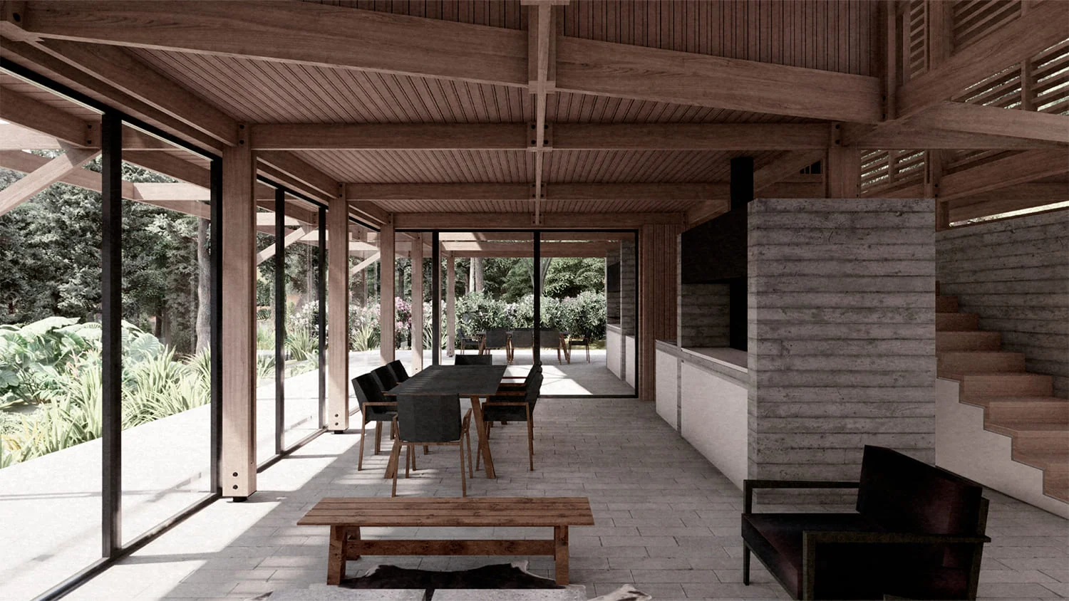 Casa Llifén — estar y comedor interior en madera y hormigón