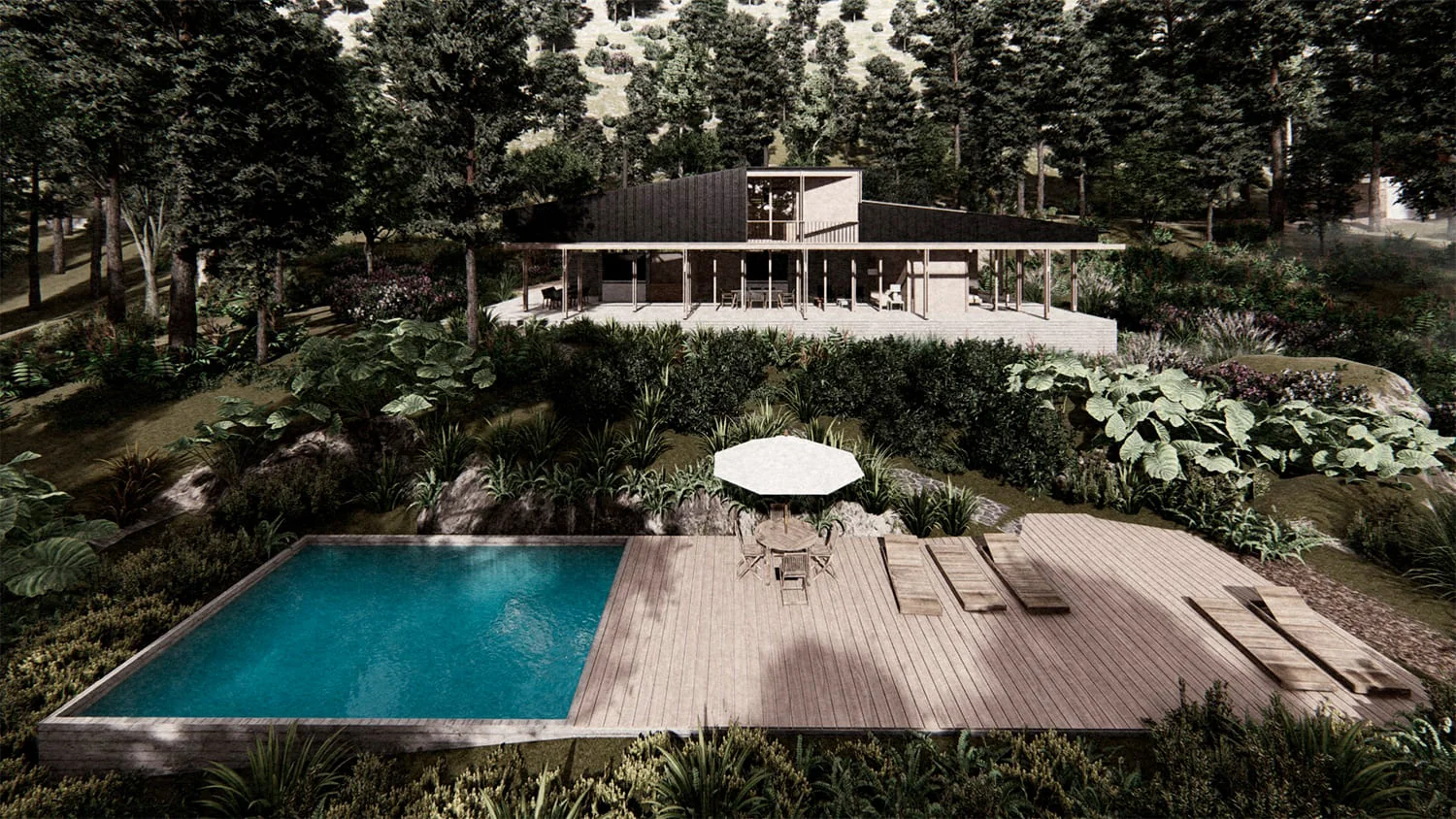 Casa Llifén — piscina, jardín y terraza frente al bosque