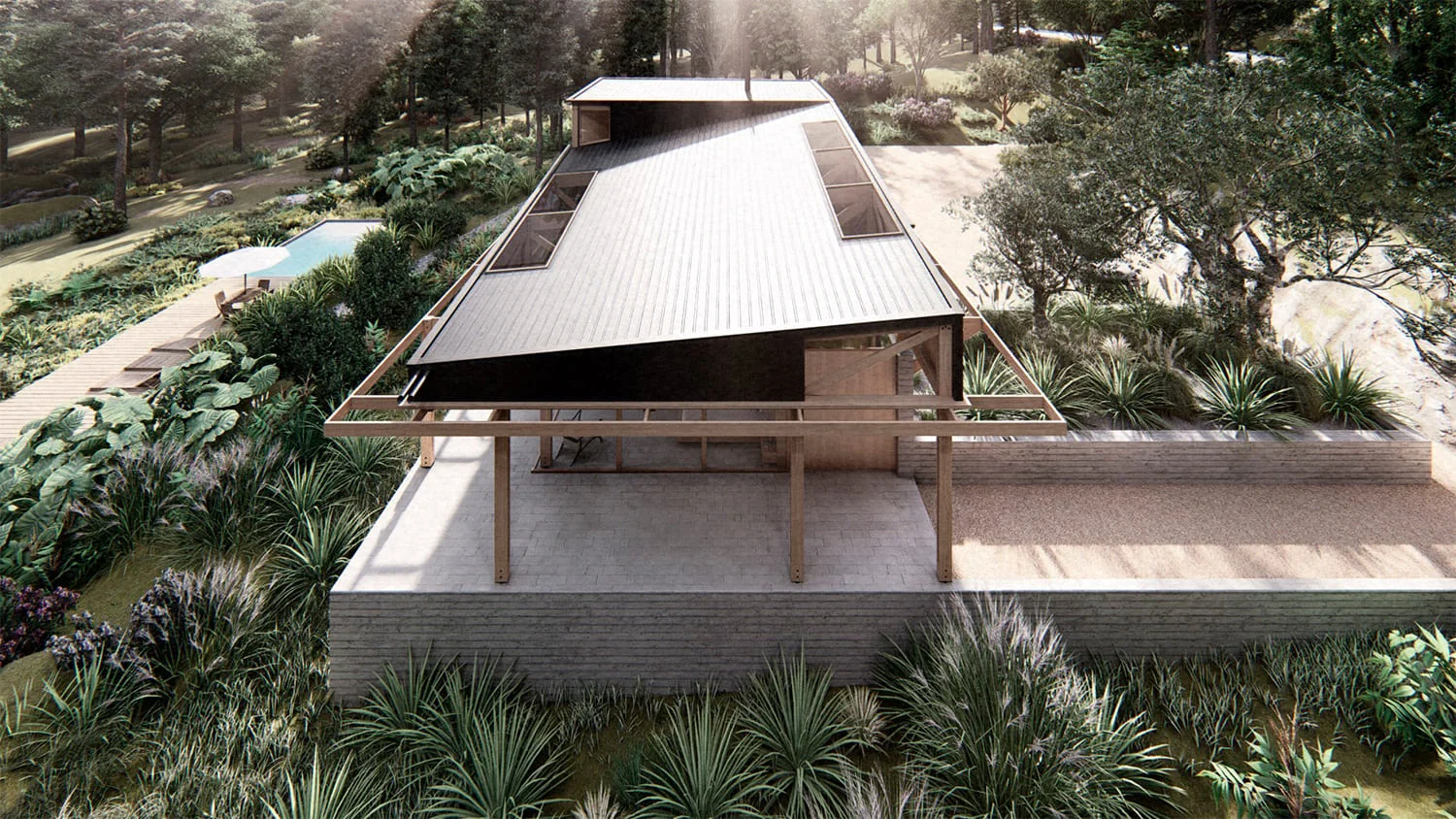 Casa Llifén, Lago Ranco — vista aérea de la gran cubierta de la vivienda