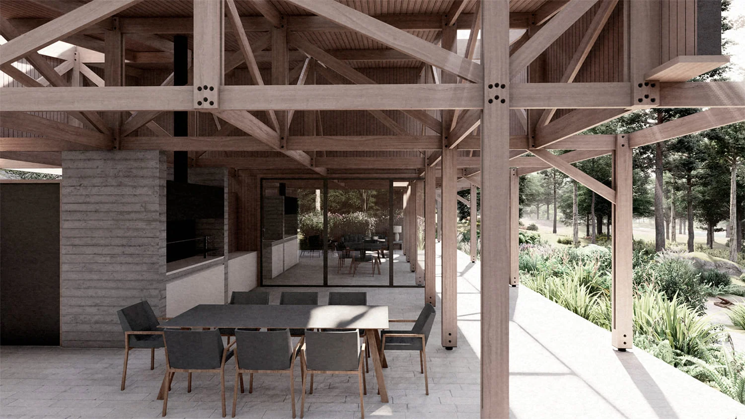 Casa Llifén — terraza cubierta bajo la estructura de madera