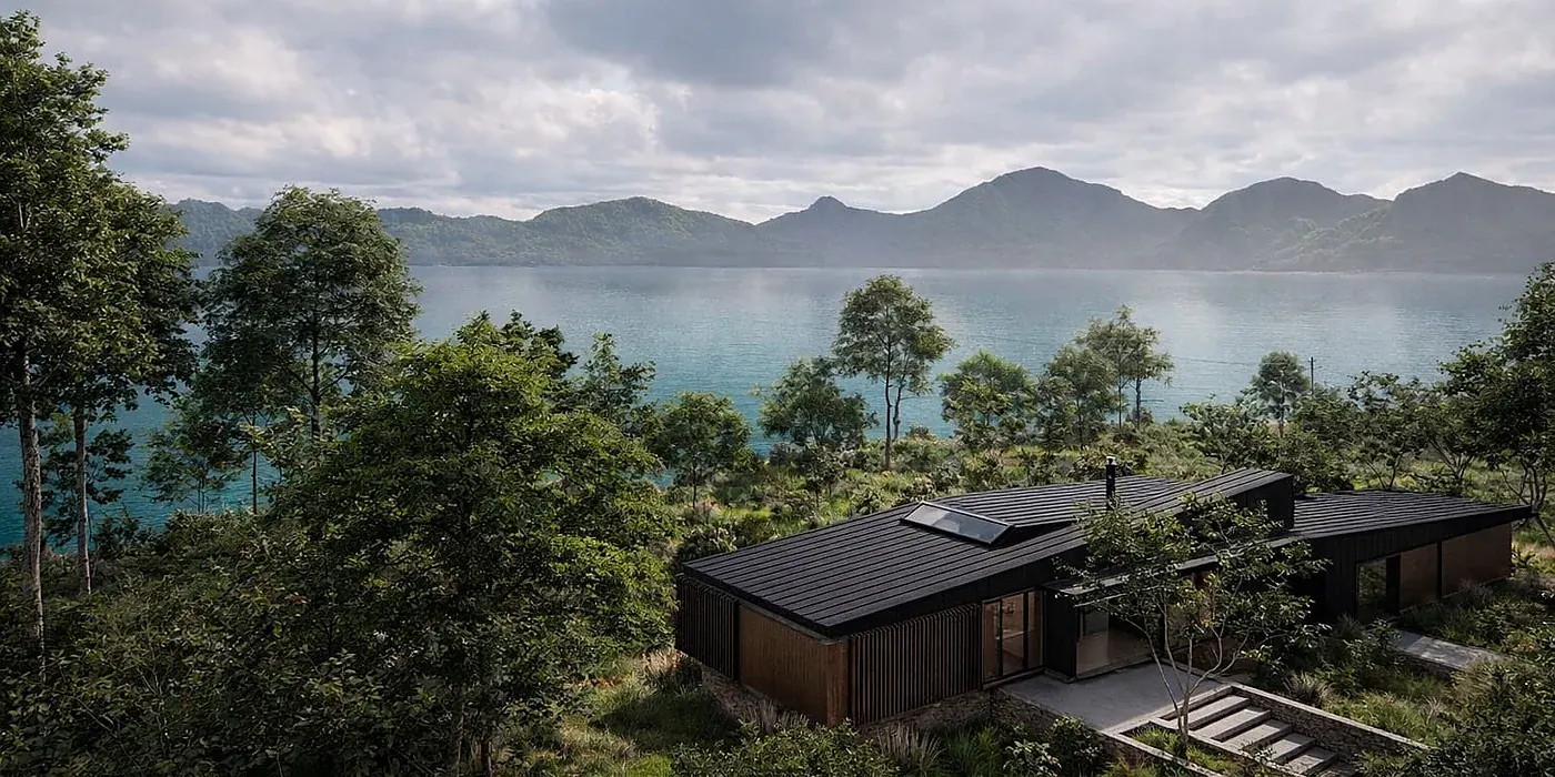 Casa Panqueco — render de la vivienda con vista al lago, entre el bosque