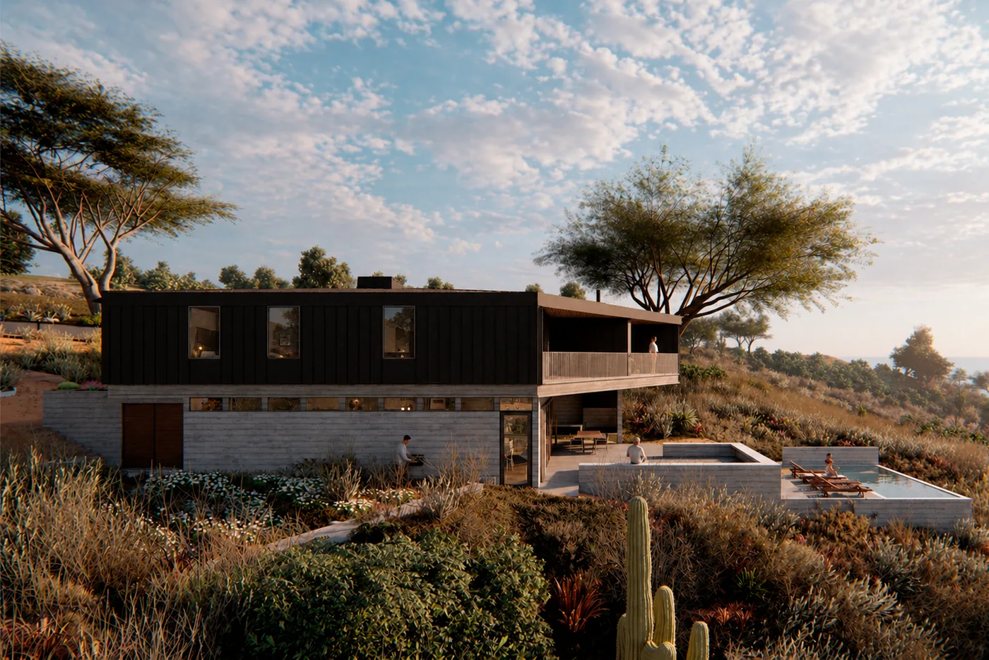 Casa Quintay — render de la vivienda sobre la ladera costera, con vista al Pacífico