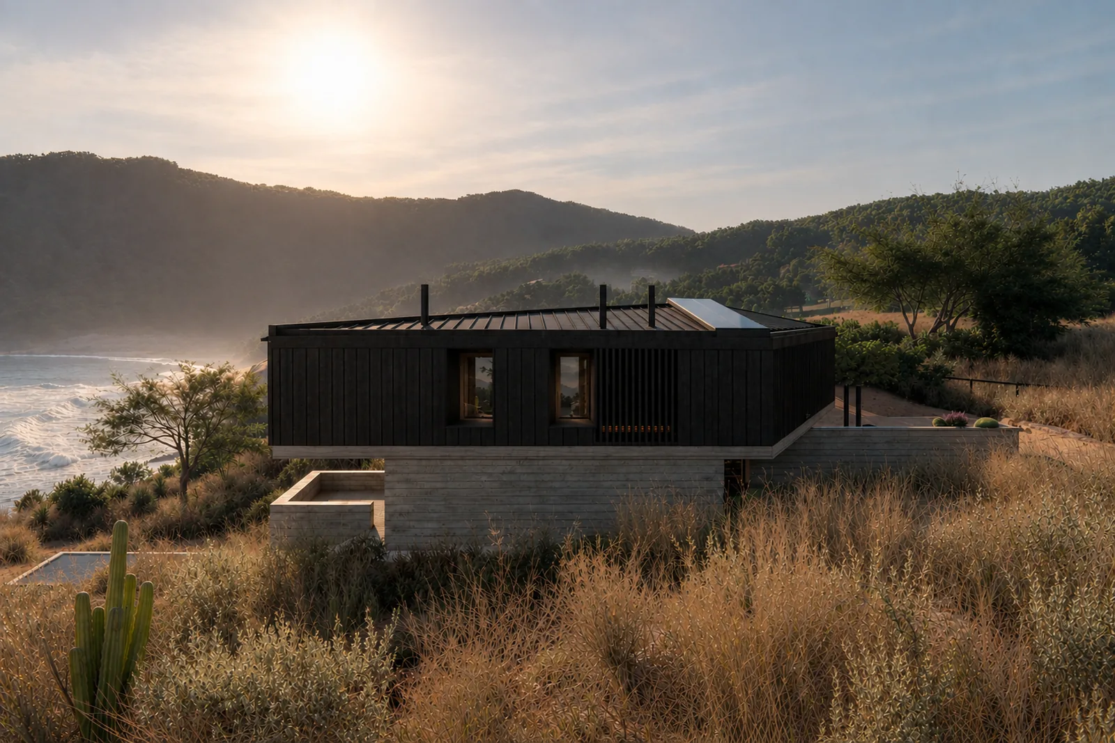 Casa Quintay — vista general de la vivienda sobre la duna con el mar de fondo
