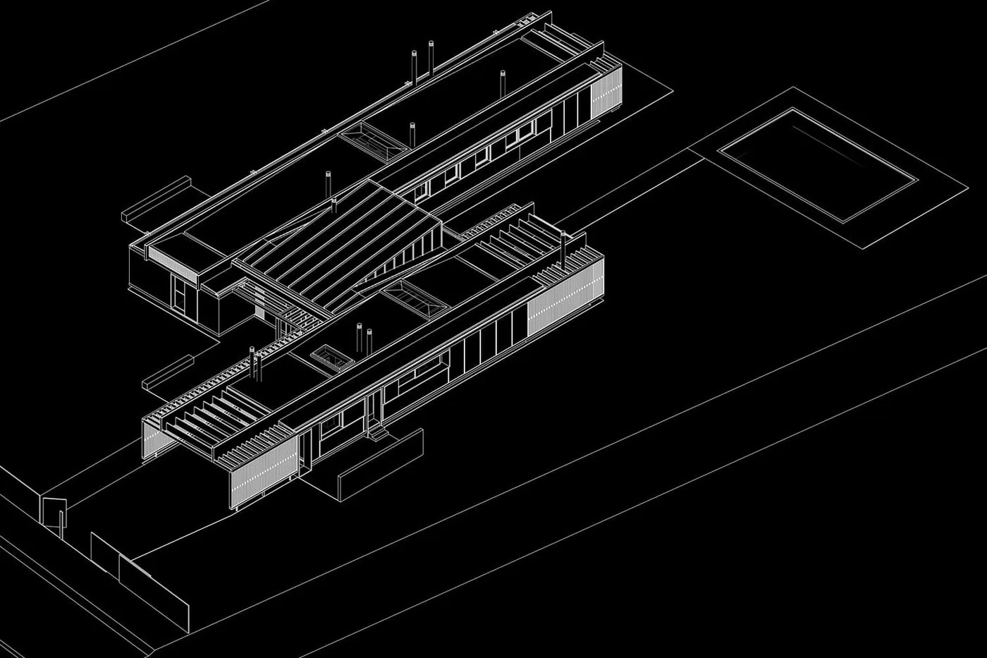 Casa TH — axonométrica de la vivienda y su estructura de madera laminada