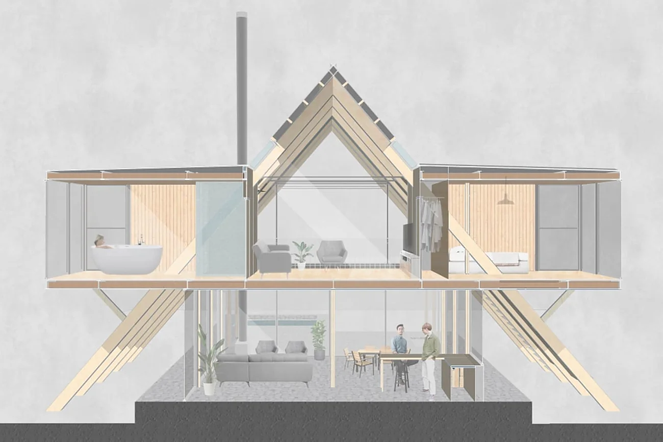 Casa Las Trancas — corte perspectivado por el baño y el estar de doble altura