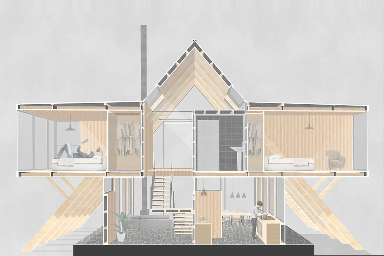 Casa Las Trancas — corte perspectivado por los dormitorios y la escalera