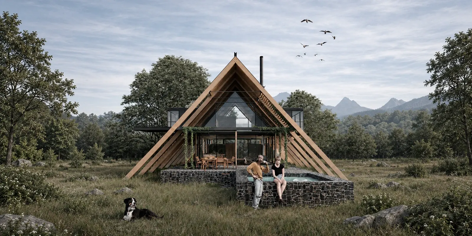 Casa Las Trancas — render de la fachada posterior en la montaña