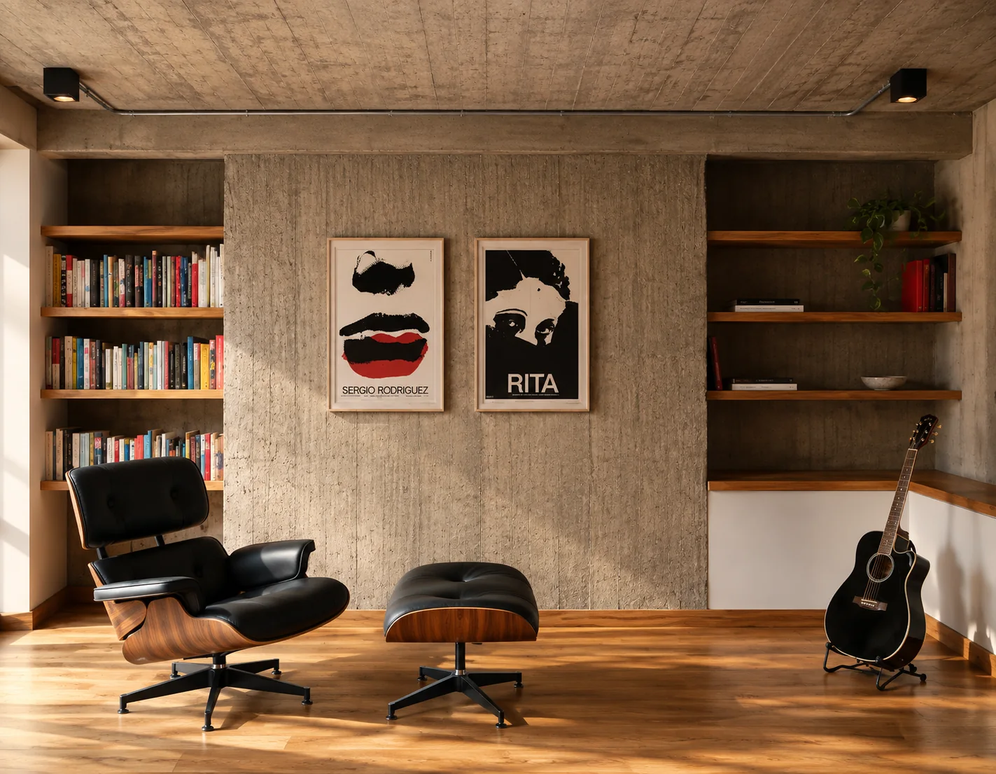Casa ZT, Vitacura — estar biblioteca con muro de hormigón texturado, repisas de madera y sillón Eames bajo luz de tarde