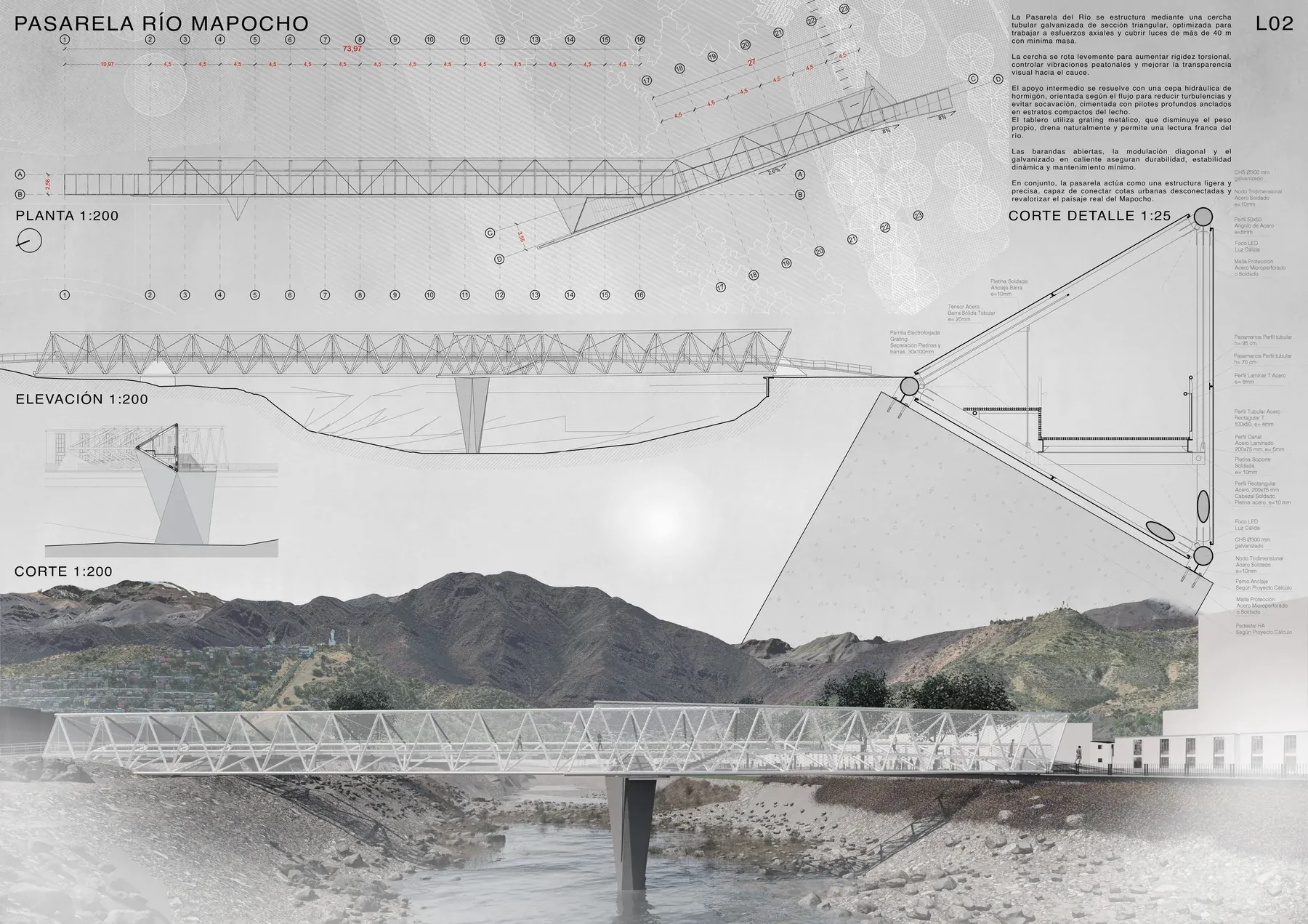Concurso Pasarelas — lámina 2: detalle de la pasarela sobre el río Mapocho