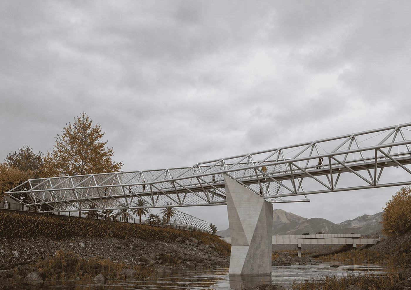 Concurso Pasarelas Lo Barnechea — render de la pasarela peatonal sobre el río Mapocho