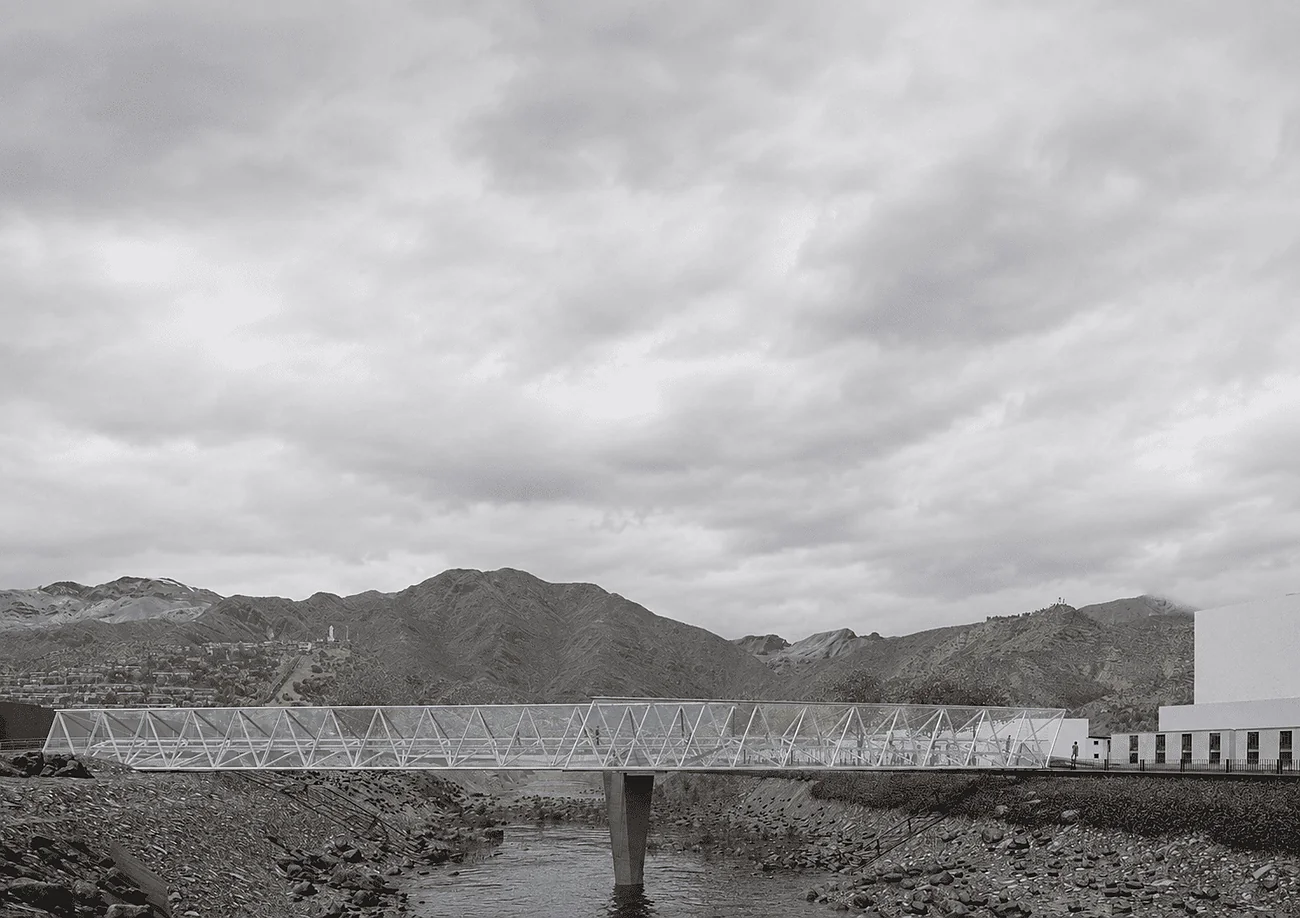 Pasarela Lo Barnechea — el puente peatonal sobre el río Mapocho, con la cordillera de fondo