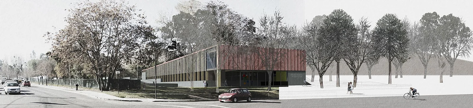 Concurso Piscina Las Condes — render panorámico del equipamiento deportivo en el parque