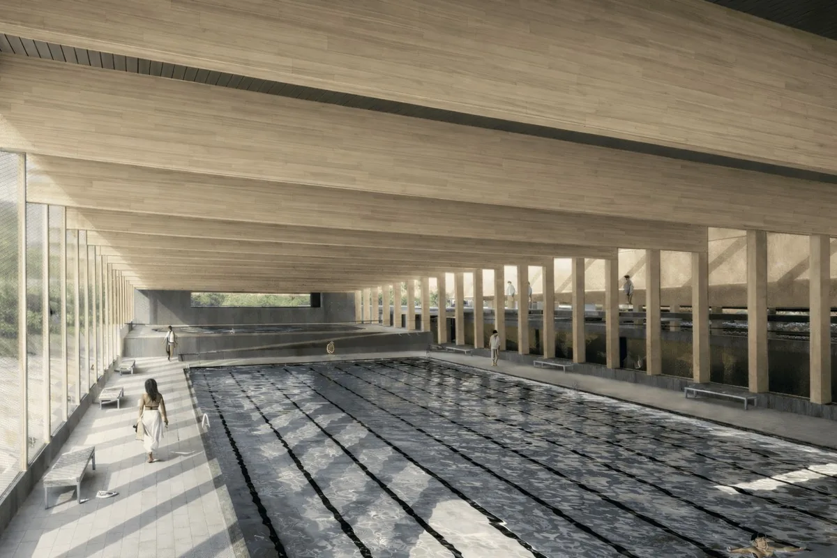 Concurso Piscina Municipal, Las Condes — interior del natatorio con piscina semiolímpica