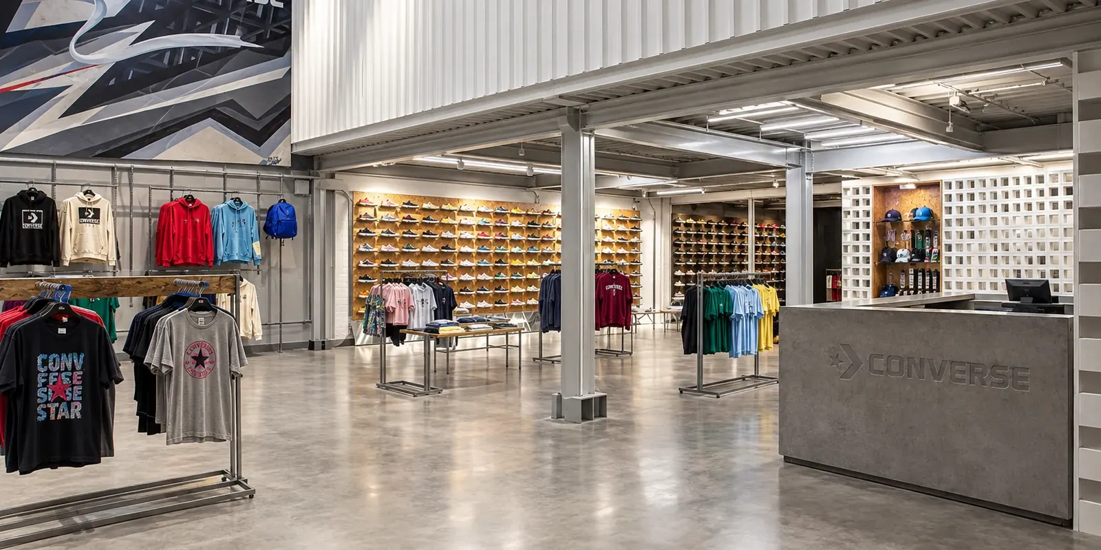 Converse, Easton Outlet — vista general de la tienda con mostrador de recepción