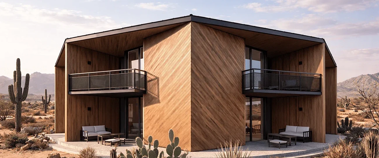 Hotel Vallenar — fachada de los módulos de habitaciones con balcones, en el desierto de Atacama