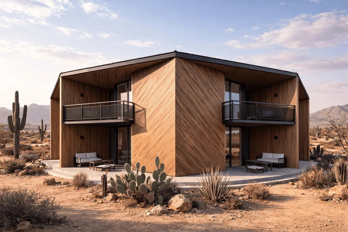 Hotel Vallenar, Atacama — fachada de habitaciones con balcones en el desierto