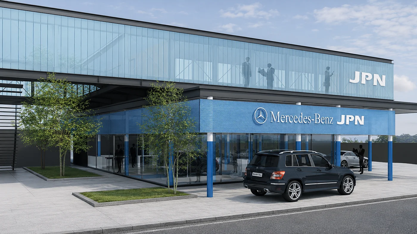 Concesionario Mercedes Benz JPN — render de la fachada principal sobre Av. Vitacura