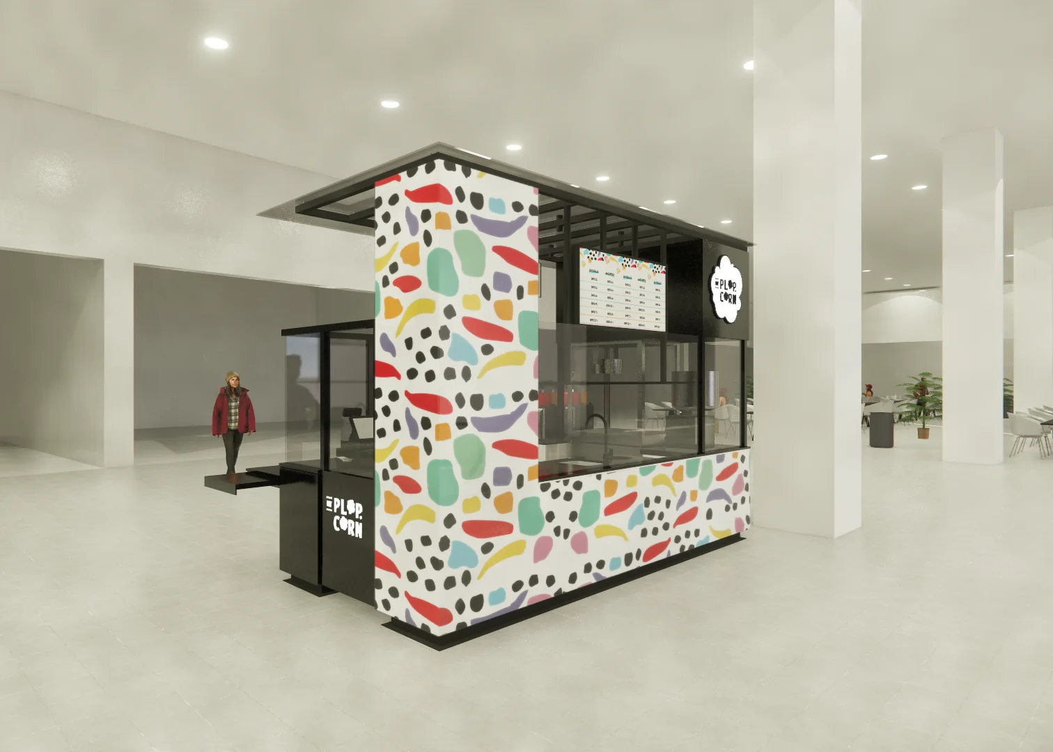 Plop Corn — render de la columna con gráfica de colores y cubierta de vidrio